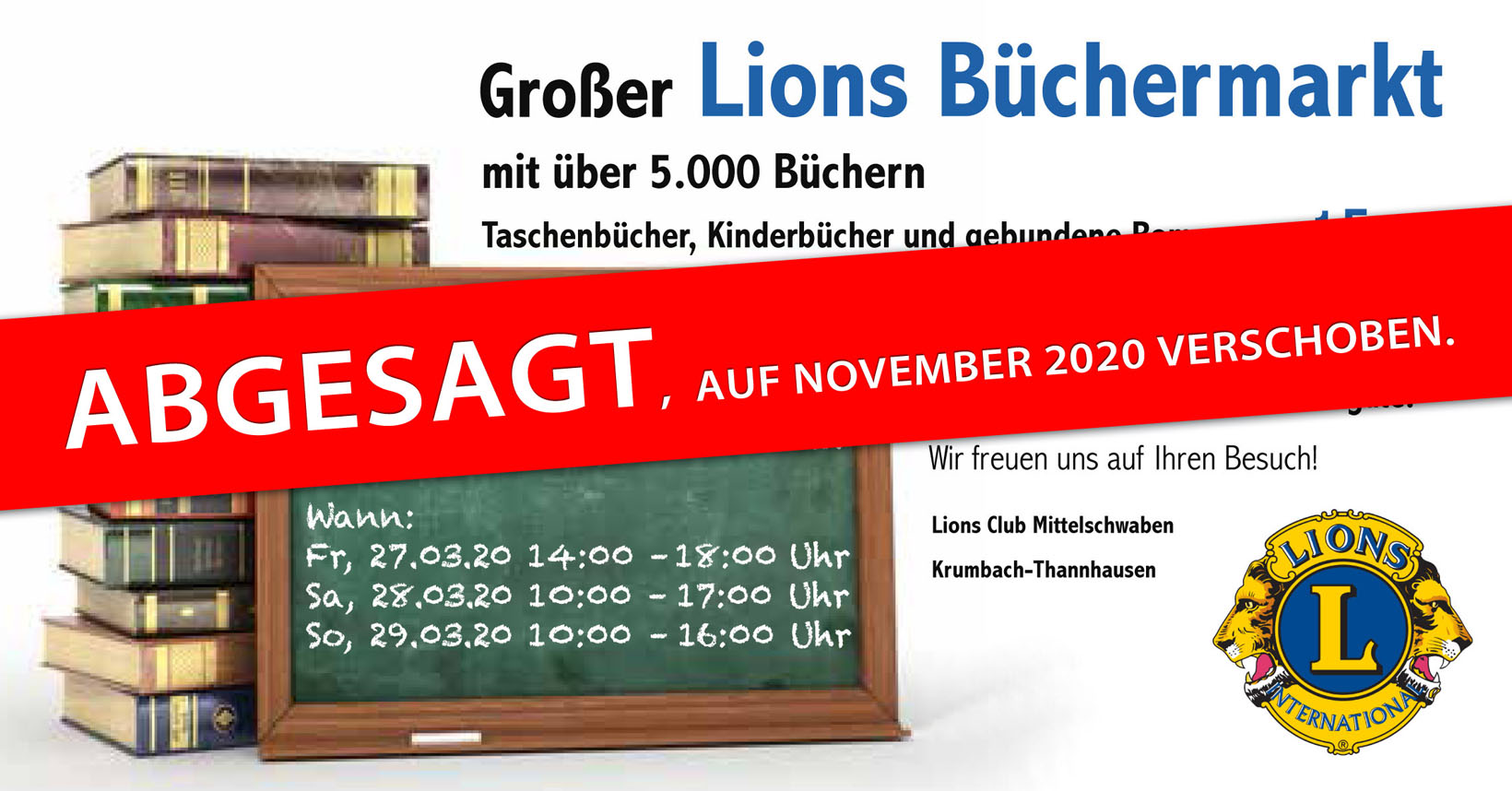 Lions Buechermarkt 27-29.03.2020 ABGESAGT und auf November 2020 verschoben.